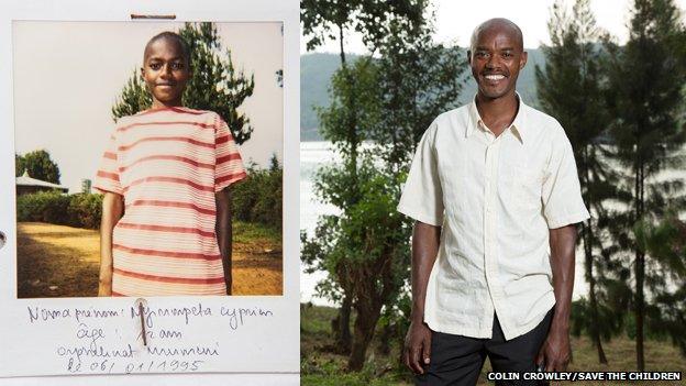 A Polaroid photo taken of Cyprien at an orphanage in Byumba, January 1995 (left) alongside a current picture of him