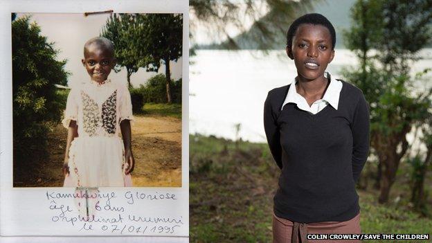 A Polaroid photo taken of Gloriose aged five at the an orphanage in Byumba, January 1995 (left) and a contemporary photo