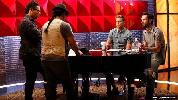 Ryan Tedder, Adam Levine and contestants on the US version of The Voice