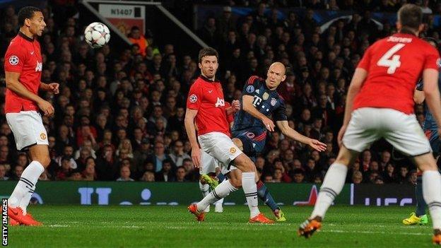 Arjen Robben shoots at goal against Manchester United