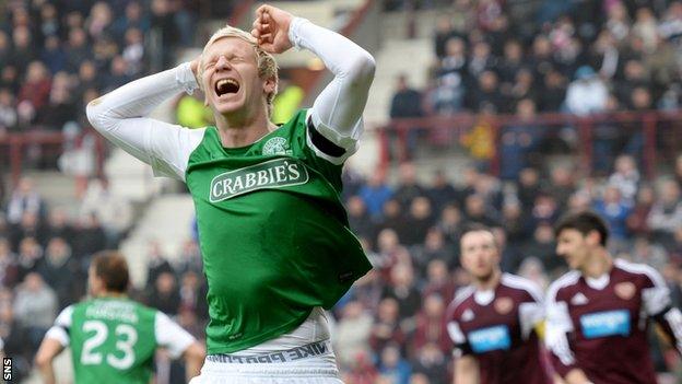 Hibs defender Ryan McGivern shows his disappointment against Hearts