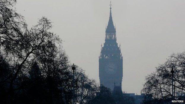 The Elizabeth Tower through the haze of pollution in London on Wednesday