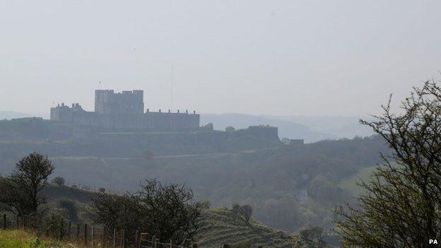 Dover Castle in Kent shrouded in haze