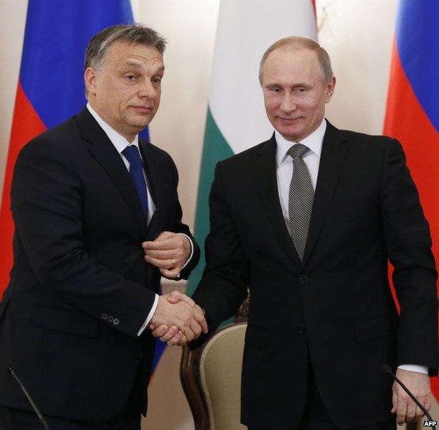 Hungarian Prime Minister Viktor Orban (left) shaking hands with Russian President Vladimir Putin, 14 January