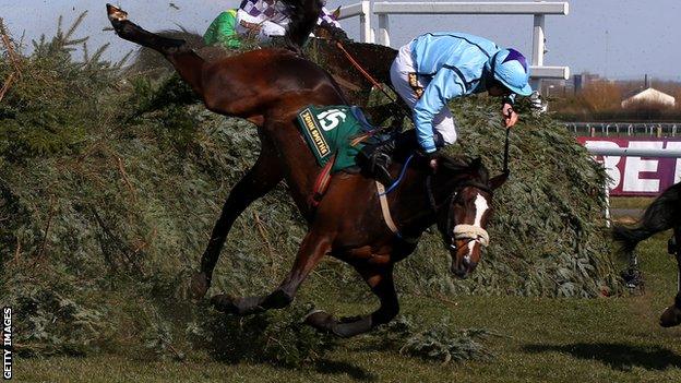 B. G Crawford falls from Mourne Paddy at The Chair during The John Smith's Fox Hunters' Steeple Chase at Aintree in 2013