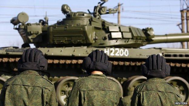 Russian tanks at train station near Crimean city of Simferopol. 31 March 2014