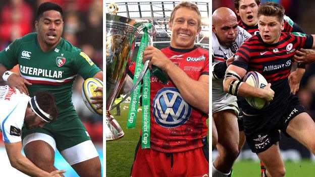 Leicester's Manu Tuilagi, Toulon's Jonny Wilkinson holding the Heineken Cup after their victory in last year's final, Saracens' Owen Farrell