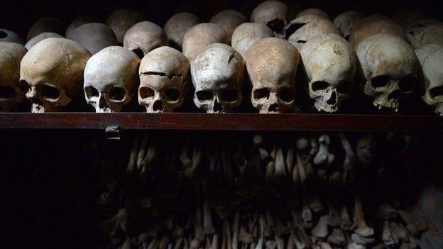 skulls on display in the Nyamata church