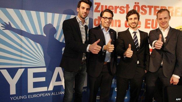 The heads of right-wing populist party youth leagues (L-R): Udo Landbauer of Austria's Freedom Party, Tom Van Grieken from Belgium's Vlaams Belang, Julien Rochedy from France's National Front and Gustav Kasselstrand of the Sweden Democrats (SDU)