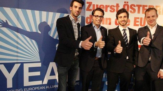 The heads of right-wing populist party youth leagues (L-R): Udo Landbauer of Austria's Freedom Party, Tom Van Grieken from Belgium's Vlaams Belang, Julien Rochedy from France's National Front and Gustav Kasselstrand of the Sweden Democrats (SDU)