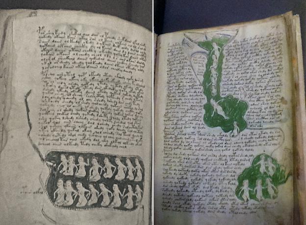 Pages from the Voynich Manuscript showing naked women bathing