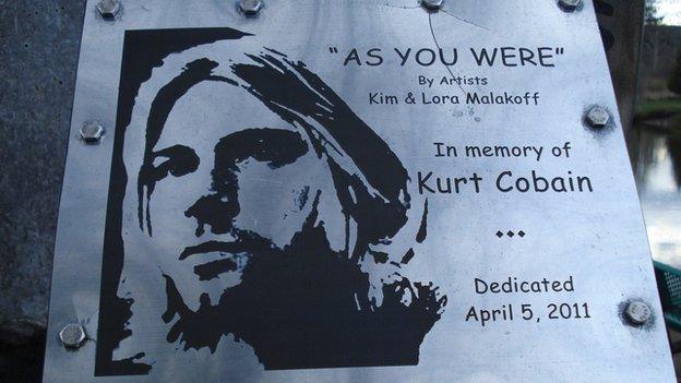 Kurt Cobain plaque at the Cobain Landing in Aberdeen, Washington