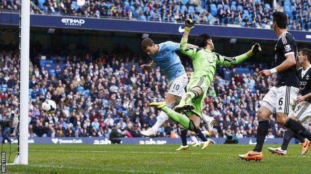 Manchester city striker Edin Dzeko (left) heads in his side's third against Southampton