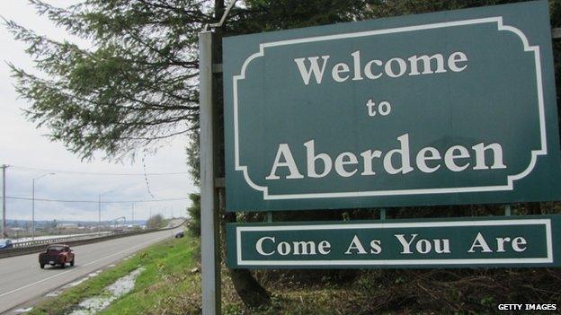 The welcome sign to Aberdeen, Washington