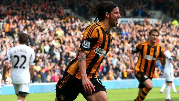 George Boyd of Hull City celebrates after scoring against Swansea City