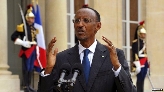 File photo of Rwanda's President Paul Kagame speaking to journalists in the courtyard of the Elysee palace in Paris