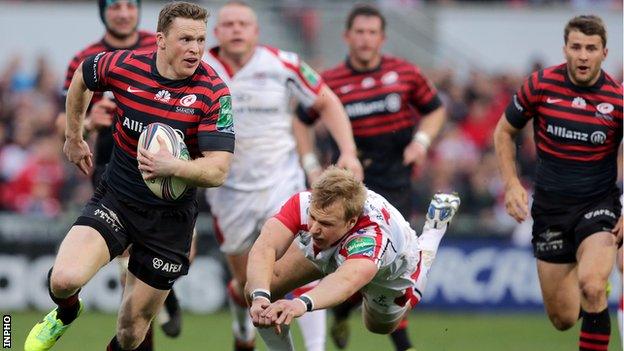 Saracens winger Chris Ashton runs through to score a try against Ulster