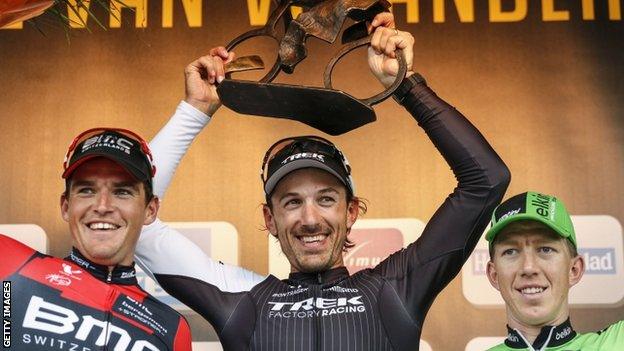 Fabian Cancellara (centre) celebrates winning the 2014 Tour of Flanders