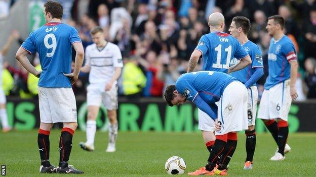 Dejected Rangers players after Raith Rovers late goal