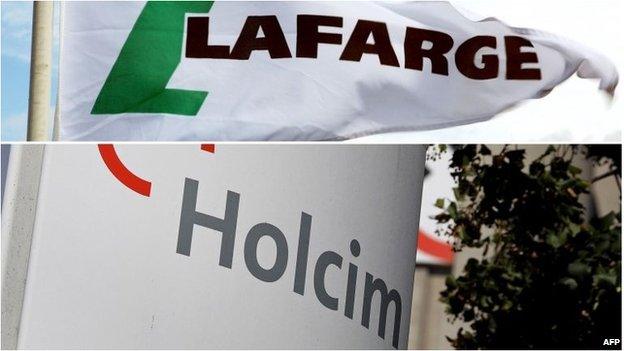 This combination of files pictures made on 04/04/14 shows a Lafarge flag and Holcim logo