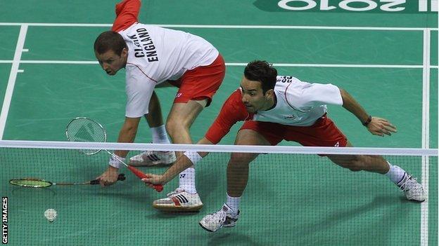 Nathan Robertson (right) with doubles partner Anthony Clark at the 2010 Commonwealth Games in Delhi