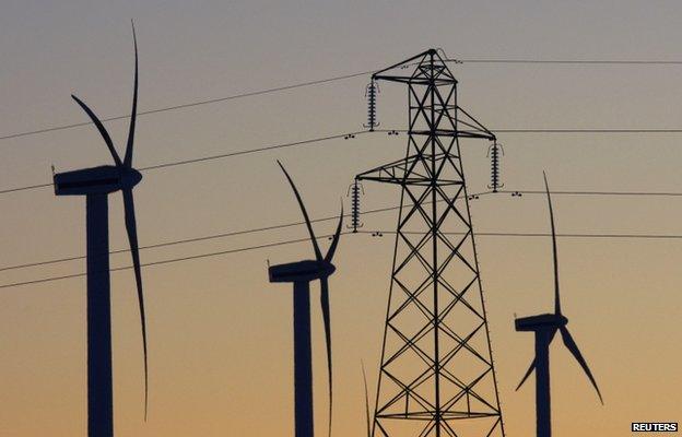 wind turbines and electricity pylons