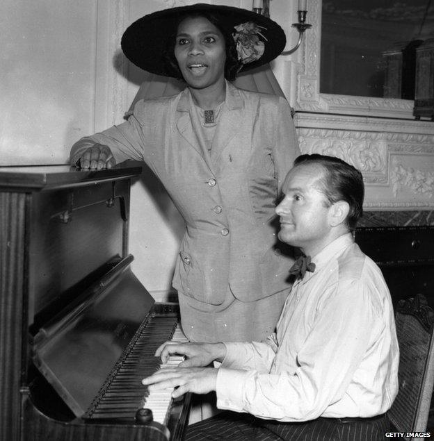 25th June 1949: Marian Anderson, American contralto (1897 - 1993), rehearses with pianist Franco Rupp, at her hotel in London. for a concert performance at Covent Garden, London