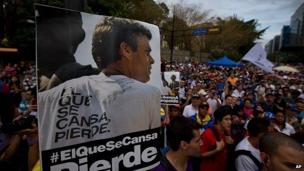 A poster of jailed opposition leader Leopoldo Lopez at a protest to demand his freedom in Caracas, Venezuela, on 4 April, 2014