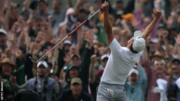 Adam Scott celebrates victory at the 2013 Masters