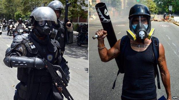 Combo picture of a riot policeman (left) and a demonstrator (right) during a confrontation following a protest against Venezuelan President Nicolas Maduro in Caracas on 6 April 2014