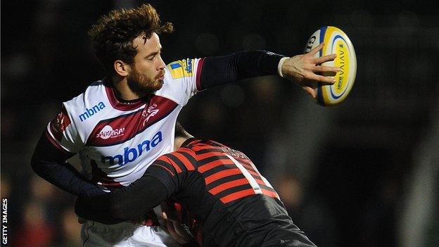 Danny Cipriani offloads under pressure against Saracens