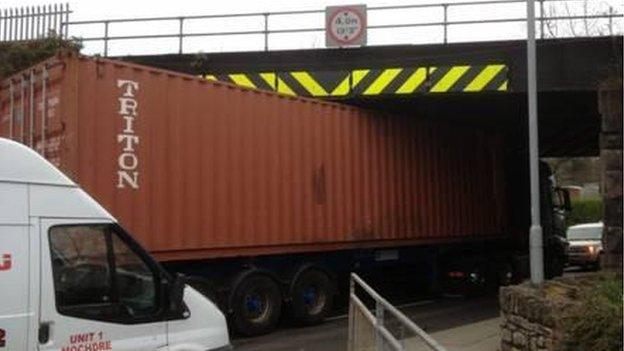 Lorry stuck under a bridge in Newtown, Powys