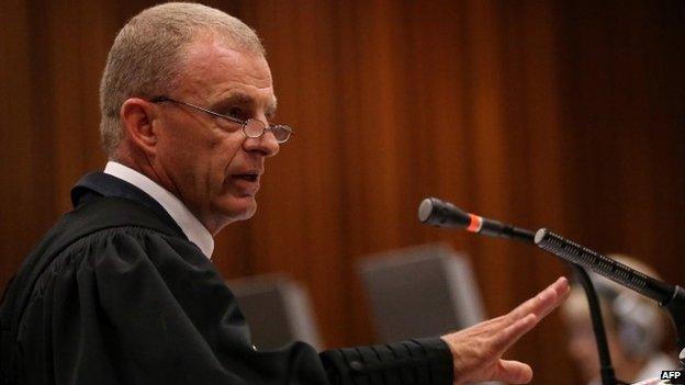 State prosecutor Gerrie Nel cross-examining Oscar Pistorius during his trial at the North Gauteng High Court in Pretoria on April 9, 2014