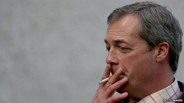 Nigel Farage smokes a cigarette at Burrowbridge on the Somerset Levels, 27 February