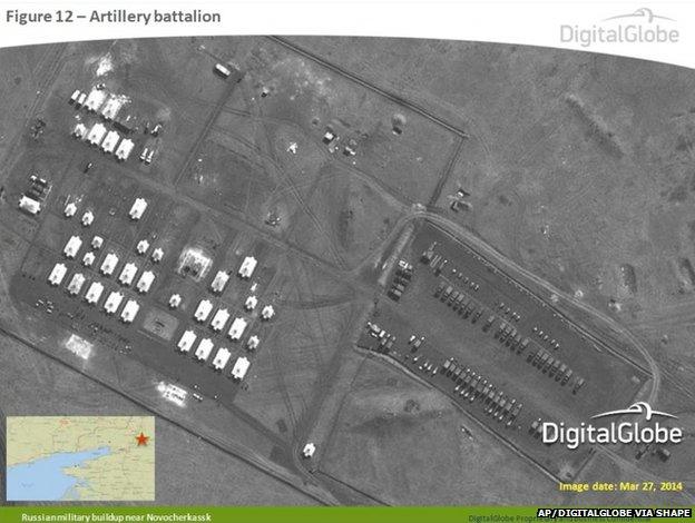 Satellite image taken 27 March 2014, and provided by Supreme Headquarters Allied Powers Europe (SHAPE) on 9 April 2014, shows what is purported to be a Russian artillery battalion at a military base near Novocherkassk, east of the Sea of Azov in southern Russia.