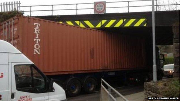 Lorry stuck under a bridge in Newtown, Powys