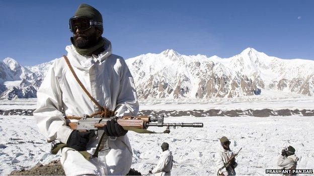 Indian soldiers are seen at the Forward Logistics Base.