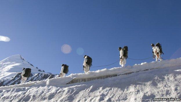 Indian soldiers patrol the Siachen glacier