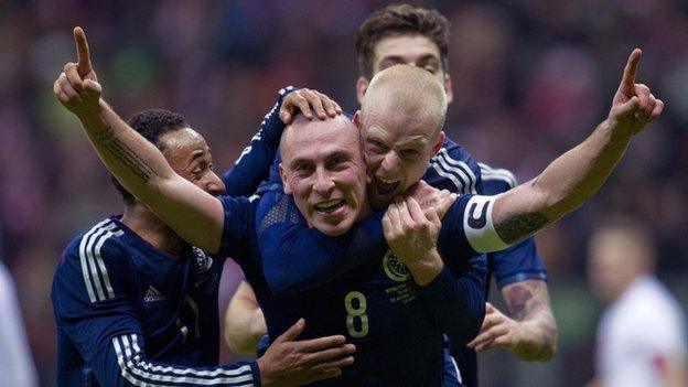 Scotland captain Scott Brown celebrates his winner against Poland