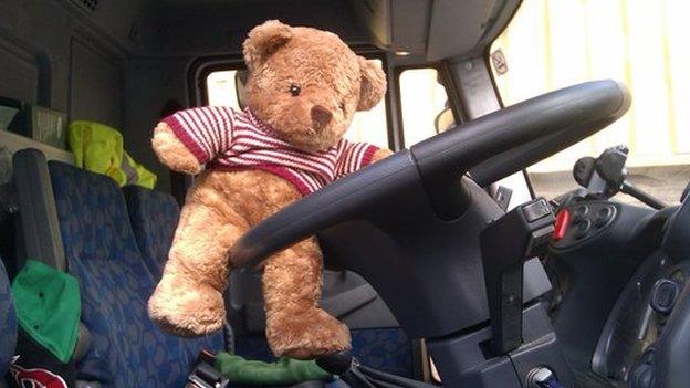 Teddy bear driving a lorry