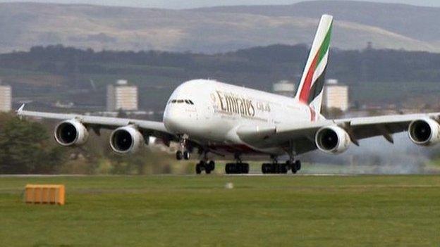 A380 lands at Glasgow Airport