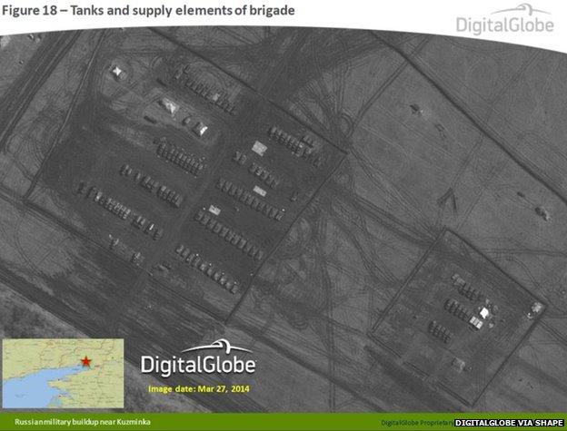 Russian tanks and supply elements of a brigade near Kuzminka, Russia, 27 March 2014