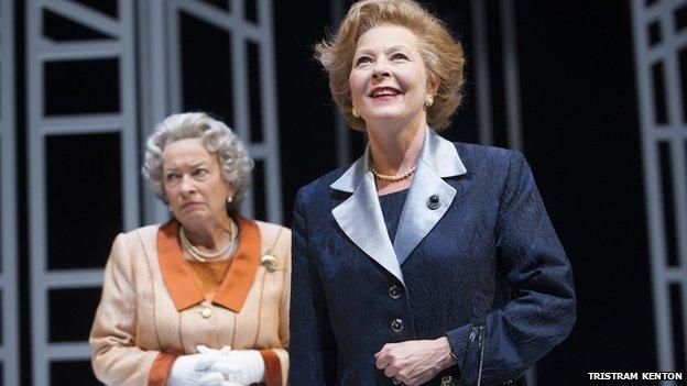 Marion Bailey (left) as Q - the older Queen - and Stella Gonet as T - the older Mrs Thatcher