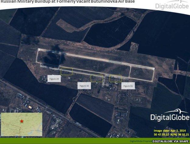 Satellite image taken on 2 April 2014, shows what appears to be a Russian military build-up at the formerly vacant Buturlinovka Air Base in Russia