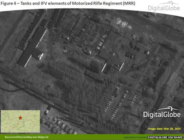 This satellite image from 26 March 2014 appears to show tanks and IFV elements of Motorised Rifle Regiment near Belgorod, Russia