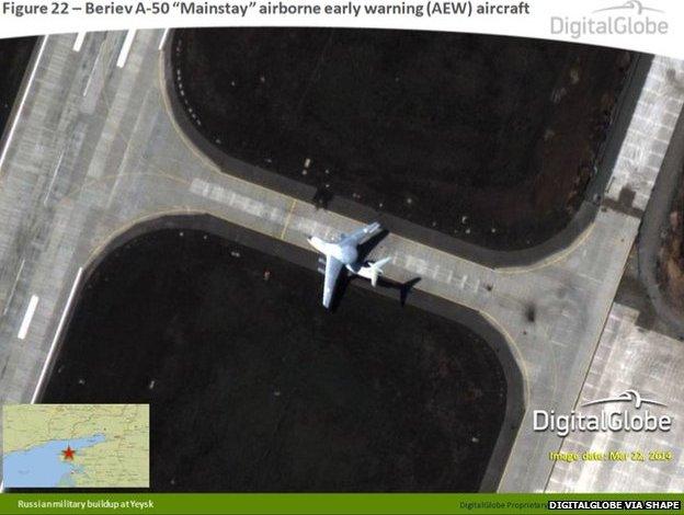 This satellite image, taken on 22 March, appears to show a Beriev A-50 Mainstay airborne early warning aircraft at Yeysk, Russia