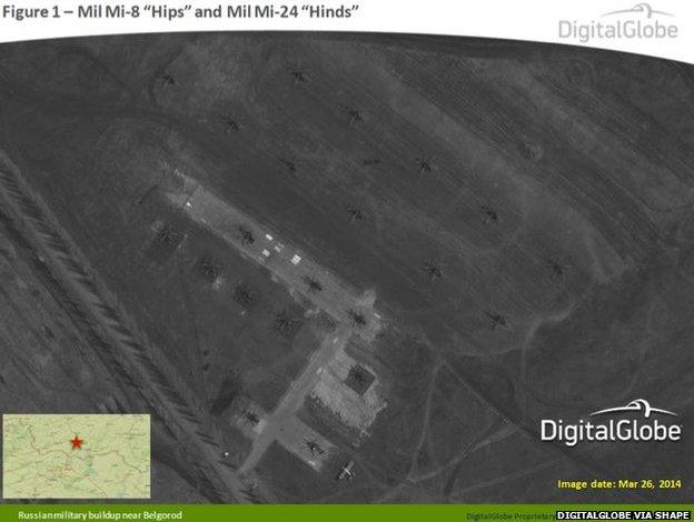 This satellite image from 26 March 2014 appears to show Russian Mil Mi-8 Hips and Mil Mi-24 Hinds near Belgorod, Russia