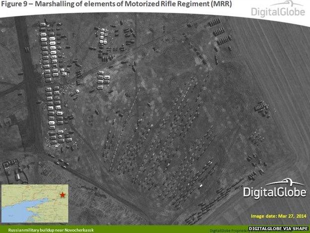 This satellite image from 27 March 2014 appears to show the marshalling of elements of Motorised Rifle Regiment (MRR) near Novocherkassk, Russia