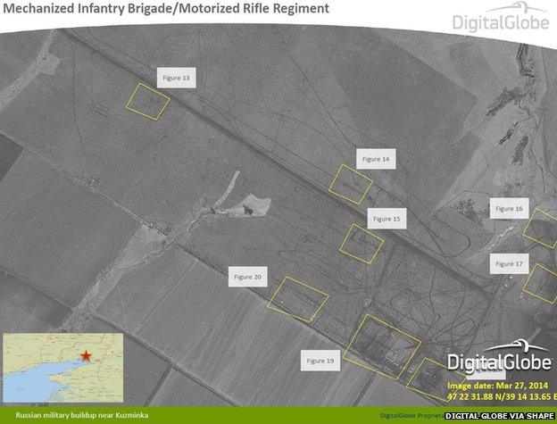 Satellite image taken on 27 March 2014 showing Russian military build-up near Kuzminka