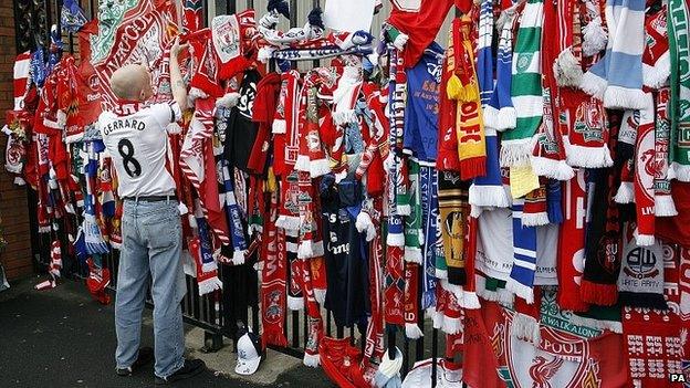 Scarves tied to the Shankly Gates at Liverpool